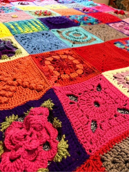 Unbranded Other - Vintage Handmade Crochet Afghan Blanket 3D Rose Granny Square Throw 60”L X 45”W
